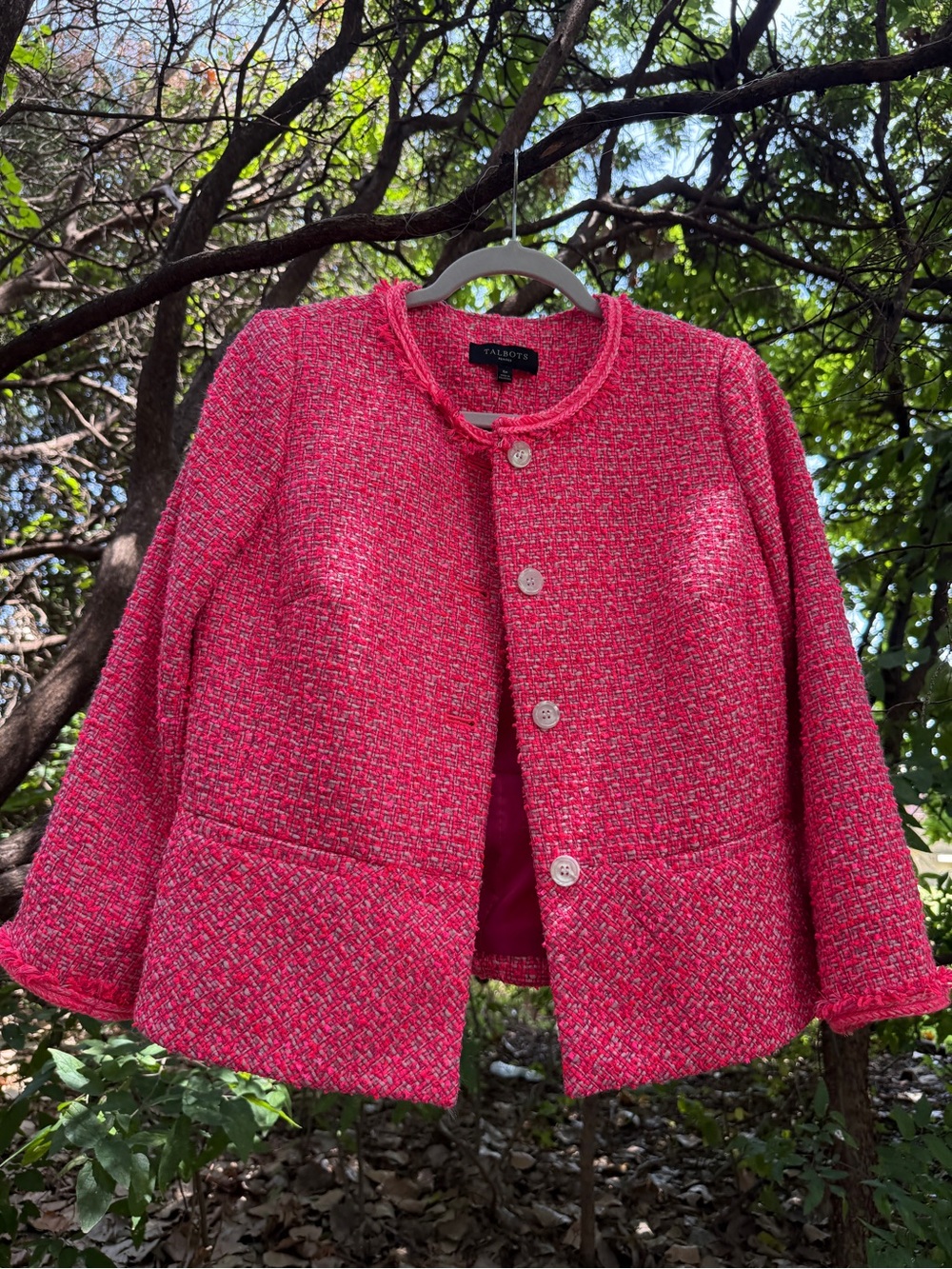 NEW Talbots Hot Pink Tweed Round-Neck Jacket